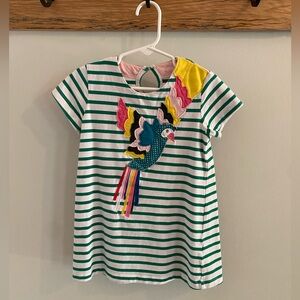 Striped Green and White Dress with Colorful Bird Design